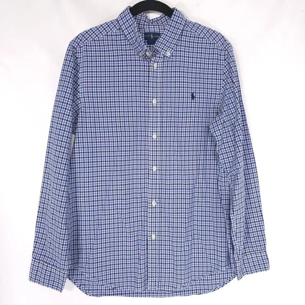 RALPH LAUREN Boys Shirt XL 18-20 Long Sleeve Multicolor Plaid Blue Check Cotton